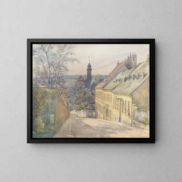Vista di Diesterweggasse e della cappella di San Rocco a Penzing - Hans Götzinger — quadro incorniciato alla parete