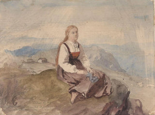 Hans Gude - Girl in mountain landscape.webp