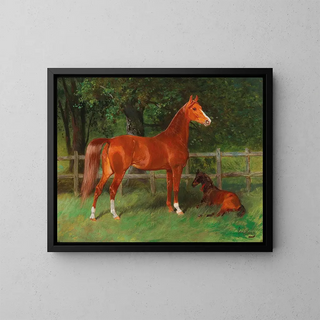 Castagno con un puledro nel prato - Hans Haag — quadro incorniciato alla parete