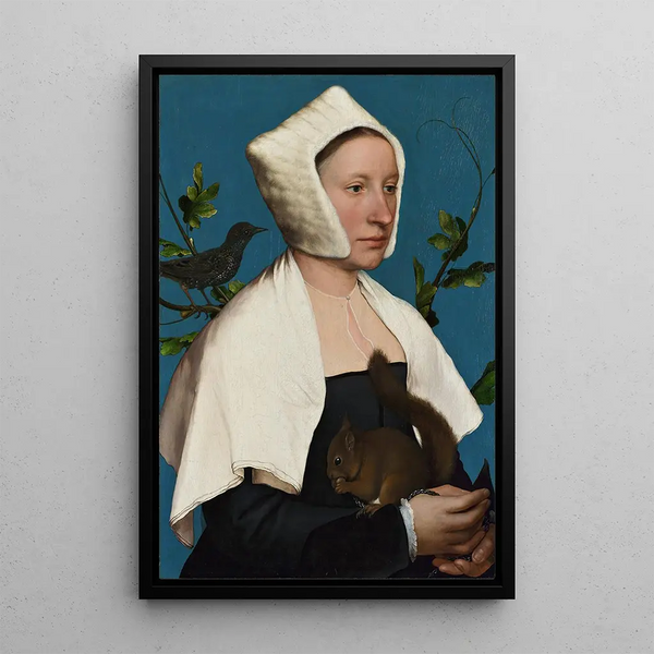 Una donna con una scoiattolo e un merlo - Hans Holbein il Giovane — quadro incorniciato alla parete
