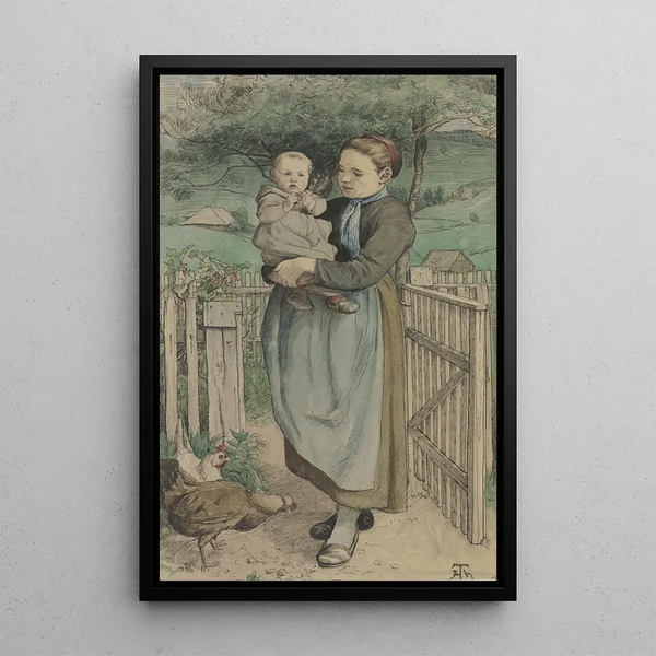 Giovane contadina con un bambino in braccio in piedi a una barriera di legno - Hans Thoma — quadro incorniciato alla parete