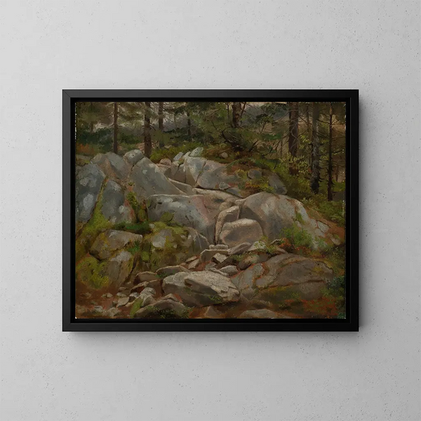 Blocchi di pietra con tronchi di abete - Hans Thoma — quadro incorniciato alla parete