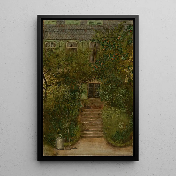 Giardino di una casa di campagna con annaffiatoio e rastrello - Hans Thoma — quadro incorniciato alla parete
