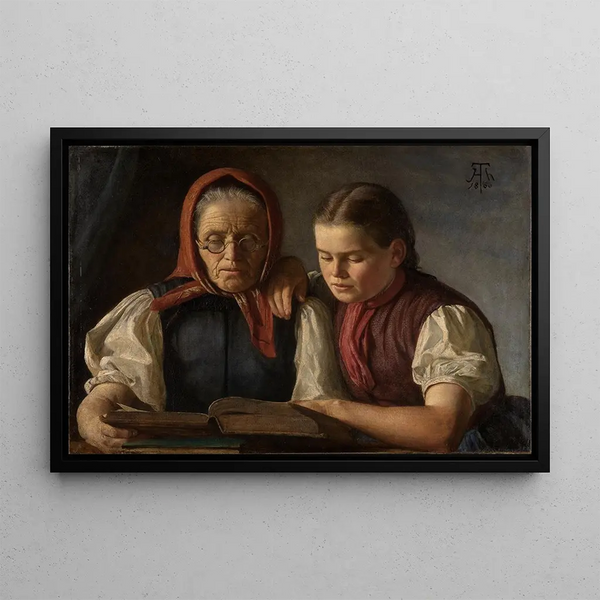 Madre e sorella dell'artista che legge la Bibbia - Hans Thoma — quadro incorniciato alla parete