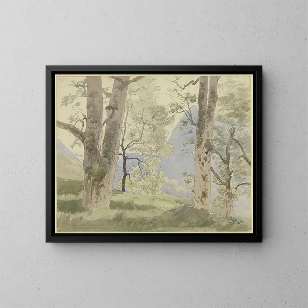 Paesaggio della Foresta Nera, vista dal bordo della foresta sulle montagne - Hans Thoma — quadro incorniciato alla parete