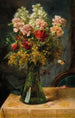 Un bouquet de fleurs avec des tulipes et des œillets dans un vase en verre avec papillon - Hans Zatzka — vista dell’opera