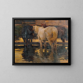 Cavalli nella pozzanghera - Hans von Hayek — quadro incorniciato alla parete