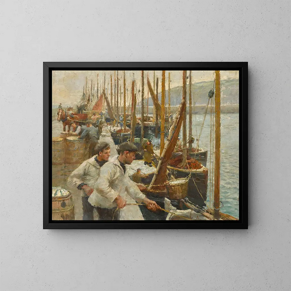 Bateaux da pesca a Newlyn - Harold Harvey — quadro incorniciato alla parete