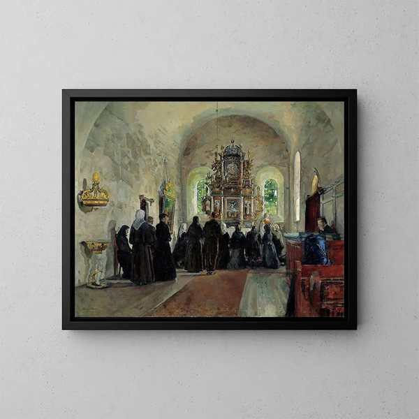 La Santa Comunione celebrata nella chiesa di Stange - Harriet Backer — quadro incorniciato alla parete