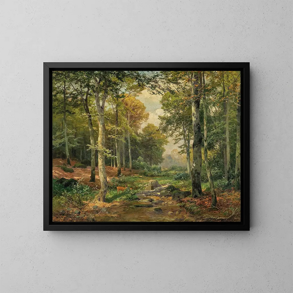 Una foresta soleggiata con un cervo - Heinrich Böhmer — quadro incorniciato alla parete