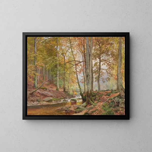 in legno d'autunno con un ponte su un ruscello - Heinrich Böhmer — quadro incorniciato alla parete