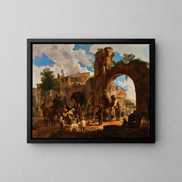 Gli orsi dello spettacolo arrivano in un villaggio italiano - Heinrich Bürkel — quadro incorniciato alla parete