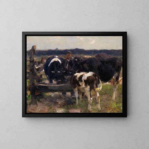 Khe et le berger à l'abreuvoir - Heinrich von Zügel — quadro incorniciato alla parete