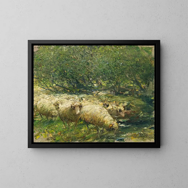 Bergère con un gregge di pecore ai margini di un ruscello sotto l'ombra degli alberi - Heinrich von Zügel — quadro incorniciato alla parete