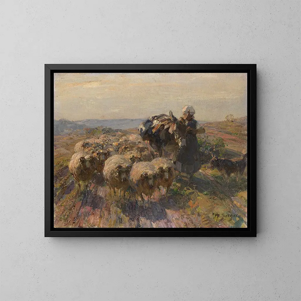 gregge di pecore con pastore e asino nel campo - Heinrich von Zügel — quadro incorniciato alla parete
