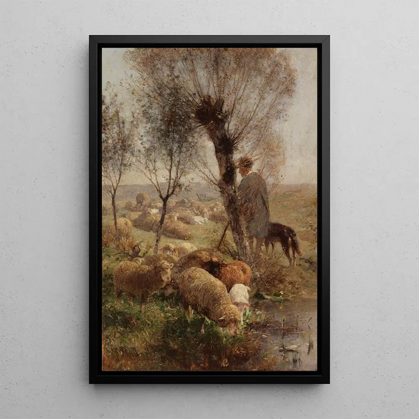 Berger avec chien et troupeau sous des saules au bord de l'eau - Heinrich von Zügel — quadro incorniciato alla parete