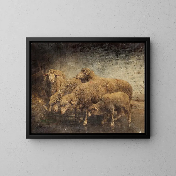 Pecore in una stalla - Heinrich von Zügel — quadro incorniciato alla parete