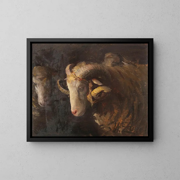 Testa di ariete e pecora madre - Heinrich von Zügel — quadro incorniciato alla parete