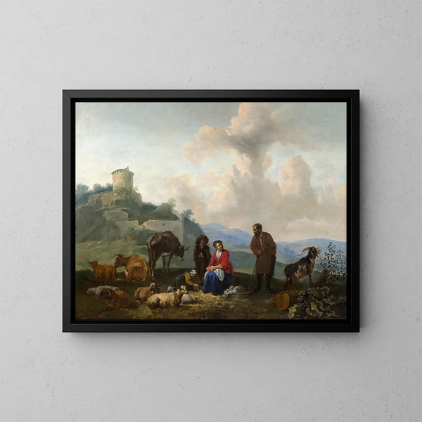 Famiglia di pastori ai piedi di rovine antiche e Famiglia di pastori sul bordo di un fiume - Hendrick Mommers — quadro incorniciato alla parete