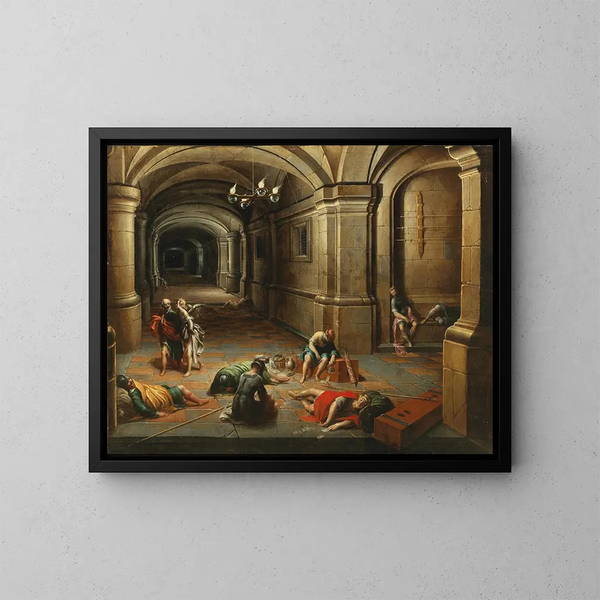 Interno di prigione con la Liberazione di san Pietro - Hendrick van Steenwijck il Giovane — quadro incorniciato alla parete