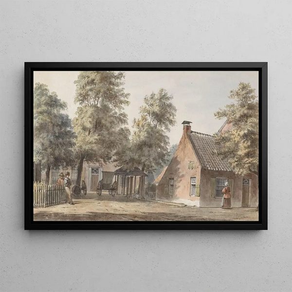 Hendrik Abraham Klinkhamer - Dorpsgezicht met links twee mannen leunend tegen een hekwerk.webp