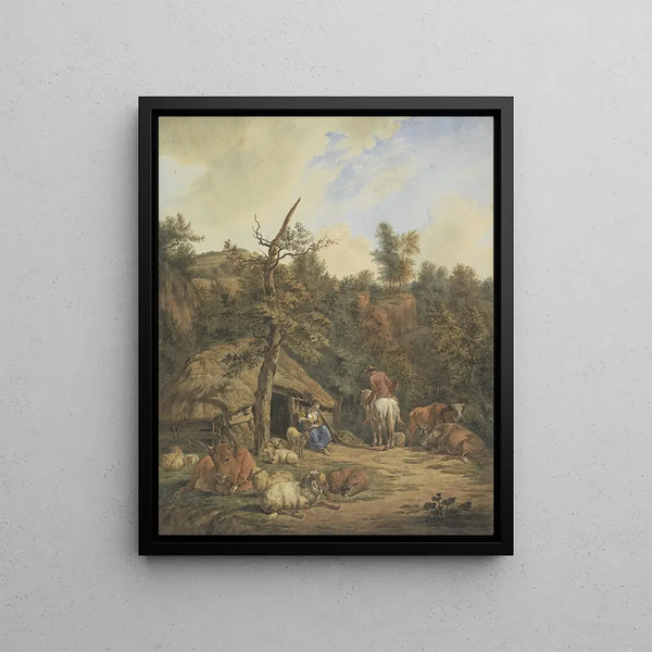 Hendrik Abraham Klinkhamer - Herder herderin en vee rustend voor een vervallen stal after Adriaen van de Velde.webp
