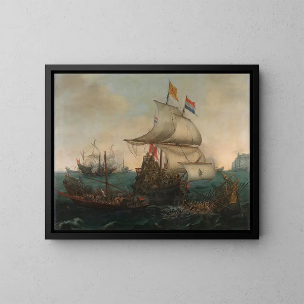 Navi olandesi che colpiscono le galere spagnole al largo della costa inglese, 3 ottobre 1602 - Hendrik Cornelisz Vroom — quadro incorniciato alla parete