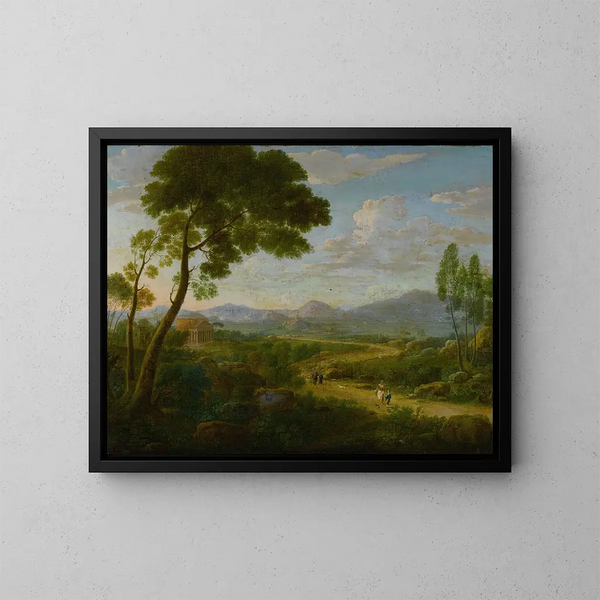 Paesaggio esteso con viaggiatori su una strada, templi romani oltre - Hendrik Frans van Lint — quadro incorniciato alla parete