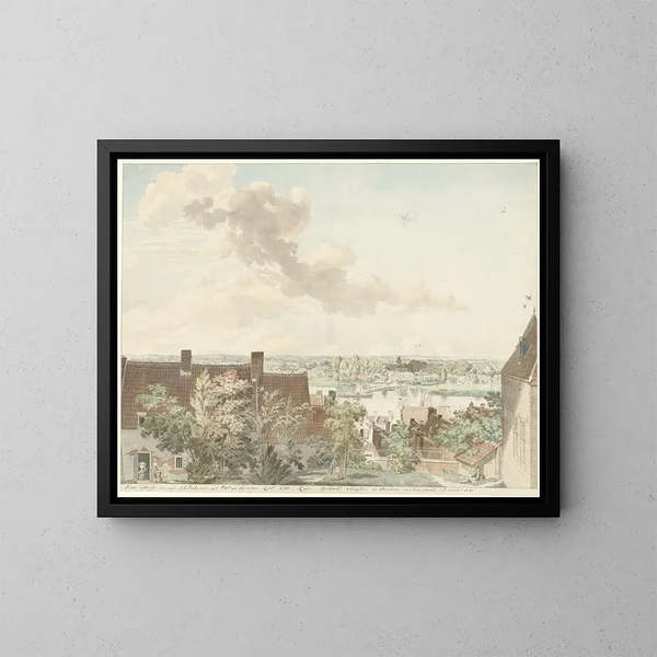 Vista di Nimega con una barca sul fiume - Hendrik Hoogers — quadro incorniciato alla parete