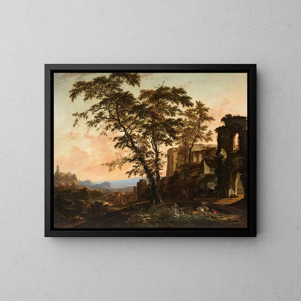 Un vasto paesaggio renano con contadini e animali che si riposano all'ombra di rovine romaniche - Hendrik van Minderhout — quadro incorniciato alla parete
