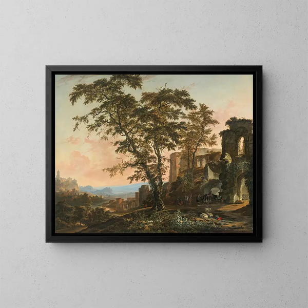 Paesaggio renano esteso con contadini e animali che si riposano all'ombra di rovine romaniche - Hendrik van Minderhout — quadro incorniciato alla parete