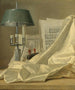 Una natura morta con una lampada a bulbo, una partitura, un violino o un cistro e un tessuto di raso bianco su un bordo di pietra - Henri-Horace Roland Delaporte — vista dell’opera