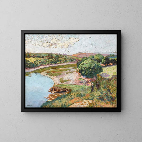 Breton e Bretonne al bordo dell'Aven - Henri Delavalle — quadro incorniciato alla parete