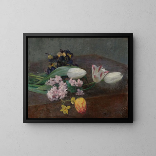 Henri FantinLatour - Jacinthes Tulipes Et Penses Poses Sur Une Table.webp