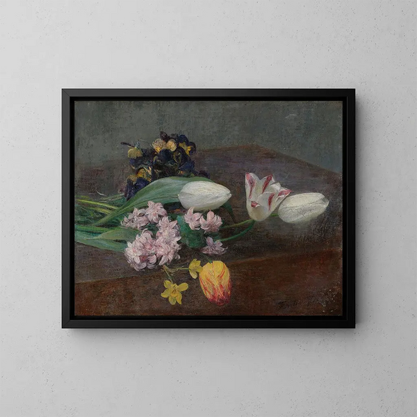 Glicinias, tulipani e violette posati su un tavolo - Henri Fantin-Latour — quadro incorniciato alla parete