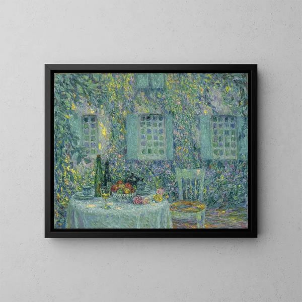 La Tavola al sole tra le foglie di Gerberoy - Henri Le Sidaner — quadro incorniciato alla parete