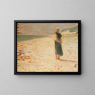 Donna in abito tradizionale in piedi su una spiaggia - Henri Martin — quadro incorniciato alla parete