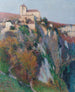 L'église Saint-Cirq-Lapopie appollaiée sur la falaise de la boucle du Lot, cielo blu - Henri Martin — vista dell’opera
