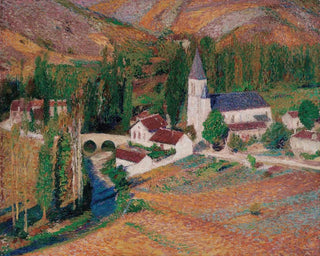 L'église de Labastide-du-Vert avec le pont et la rivière un soir d'automne - Henri Martin — vista dell’opera