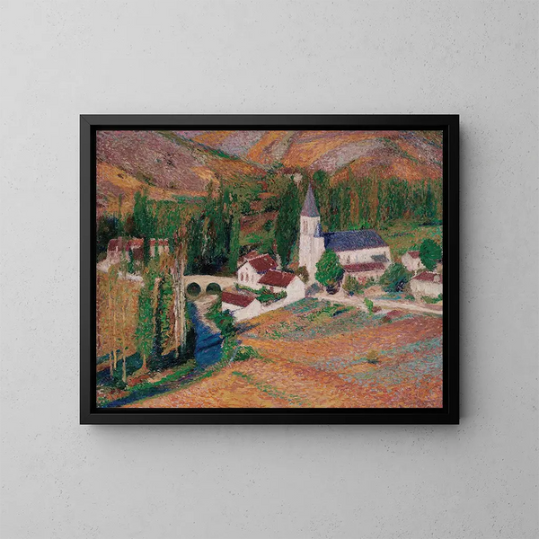 L'église de Labastide-du-Vert avec le pont et la rivière un soir d'automne - Henri Martin — quadro incorniciato alla parete