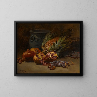 Nature morte con melograni e ananas - Henri Saintin — quadro incorniciato alla parete