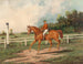 Cavallo da corsa marrone con fantino su una pista di allenamento e un paesaggio boscoso sullo sfondo - Henry Herman Cross — vista dell’opera