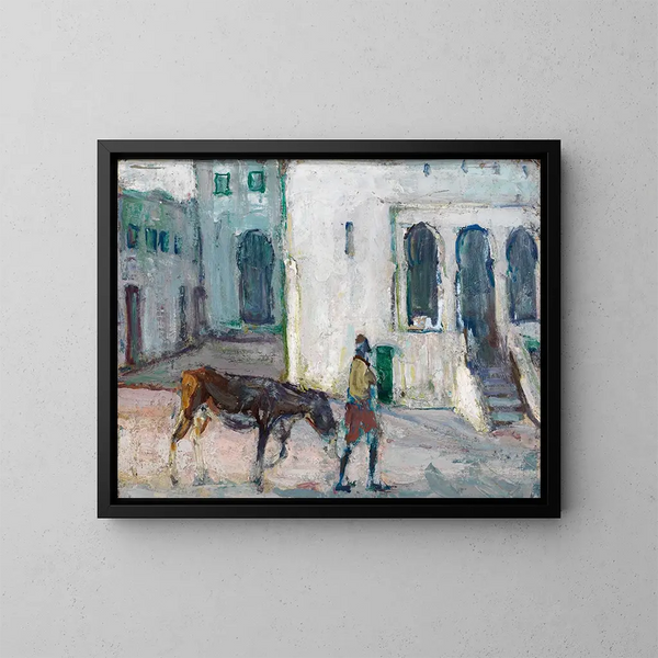 Scène di strada a Tanger, uomo che guida un vitello - Henry Ossawa Tanner — quadro incorniciato alla parete