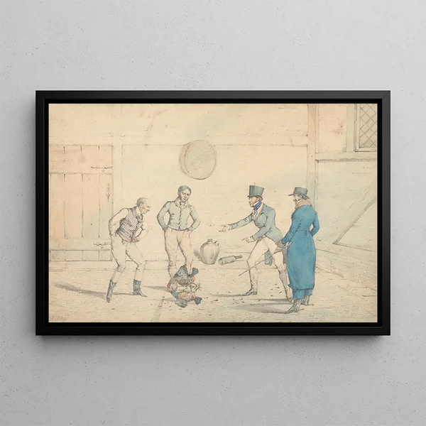 Un combattimento di galli osservato da quattro uomini in un deposito - Henry Thomas Alken — quadro incorniciato alla parete