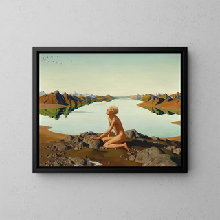 Il volo dell'uccello, ragazzo sul bordo di un lago di montagna - Herbert von Reyl-Hanisch — quadro incorniciato alla parete