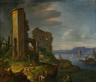 Herman Saftleven - River Landscape With Ruins Boats And Figures.webp