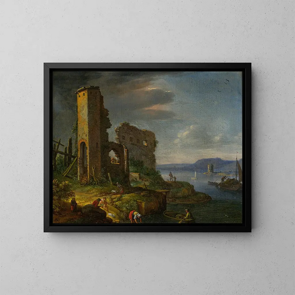 paesaggio fluviale con rovine, barche e figure - Herman Saftleven — quadro incorniciato alla parete