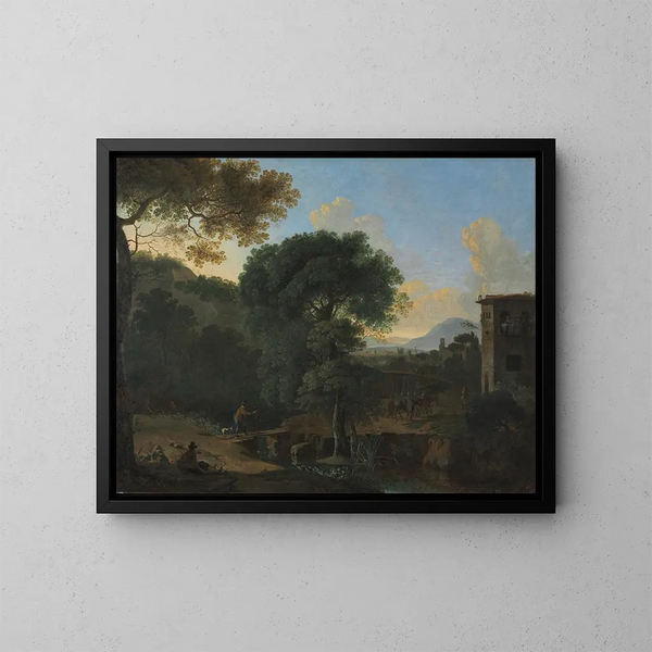 Paesaggio con viaggiatori - Herman van Swanevelt — quadro incorniciato alla parete