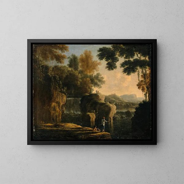 Cascata con pescatori - Herman van Swanevelt — quadro incorniciato alla parete