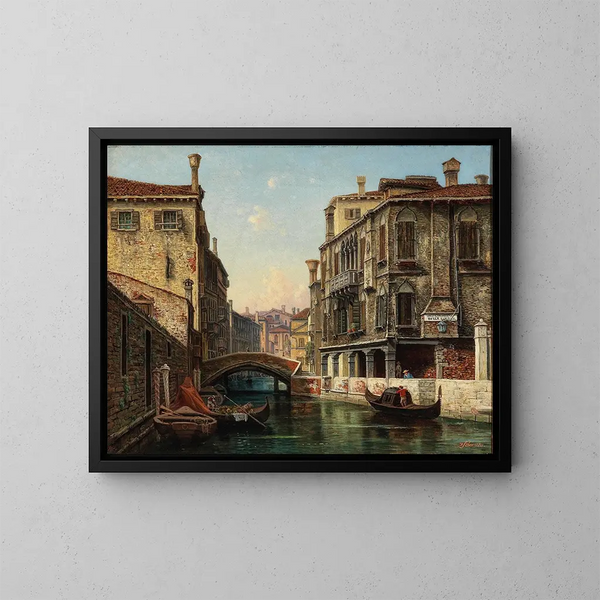 Venezia, vista del canale sotto il portico del bosco di querce - Hermann Oskar Schwan — quadro incorniciato alla parete